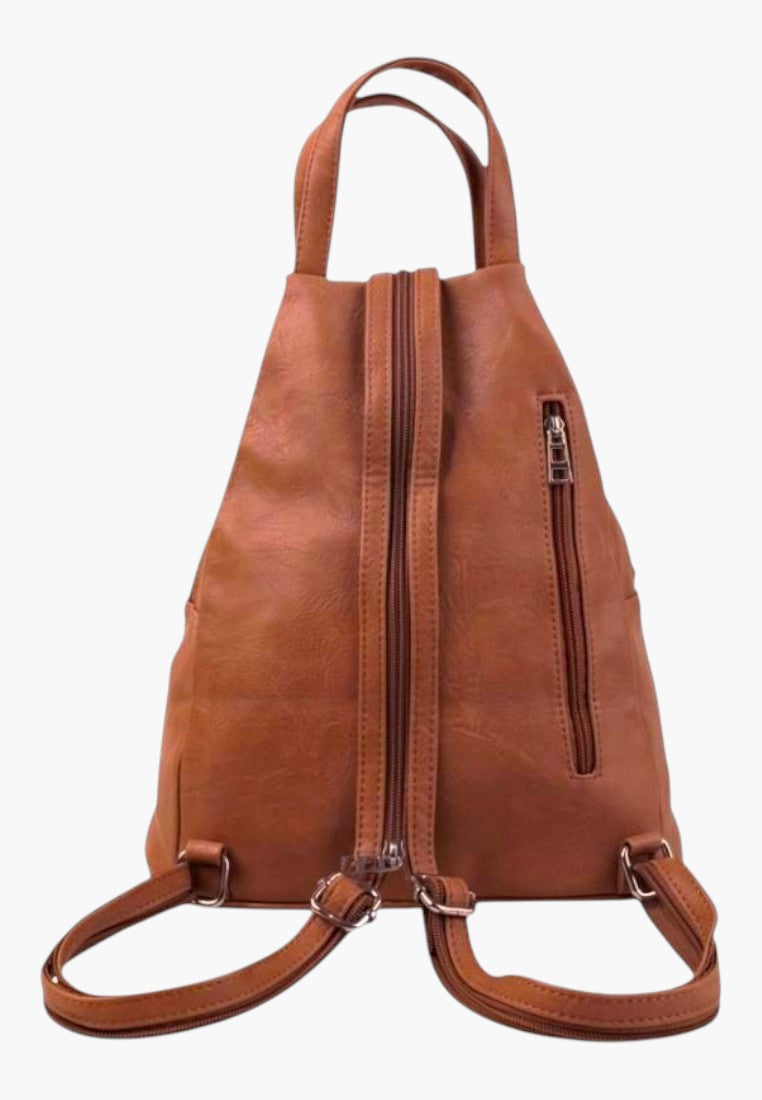 Falio brown faux leather urban backpack with zipper closure and adjustable straps, back view
