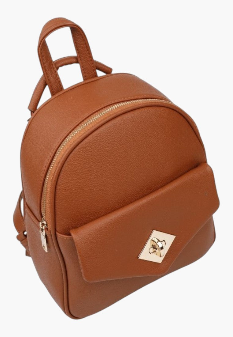 Falio brown faux leather urban backpack with gold hardware, front pocket, and zip closure for daily use.