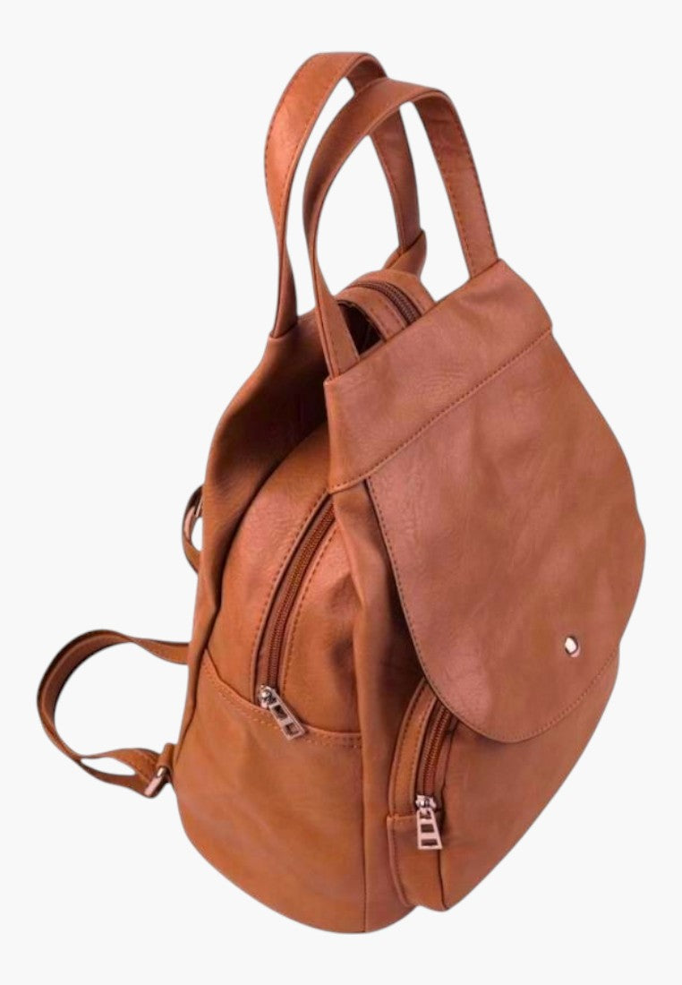 Falio brown faux leather urban backpack with A4 capacity, multiple zippered pockets, and top carry handles.