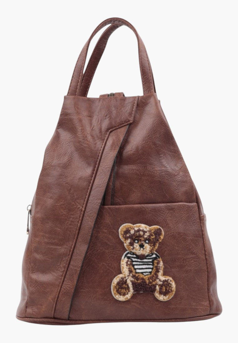 Falio small brown faux leather urban backpack with a cute teddy bear patch and zipper closure