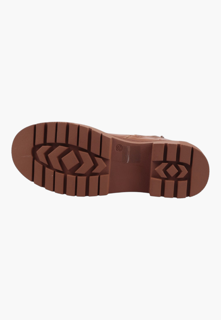 Falio brown faux leather ankle boot with a thick lugged rubber sole for traction