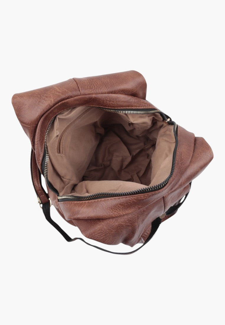 Falio brown faux leather city backpack with open zippered main compartment and fabric lining
