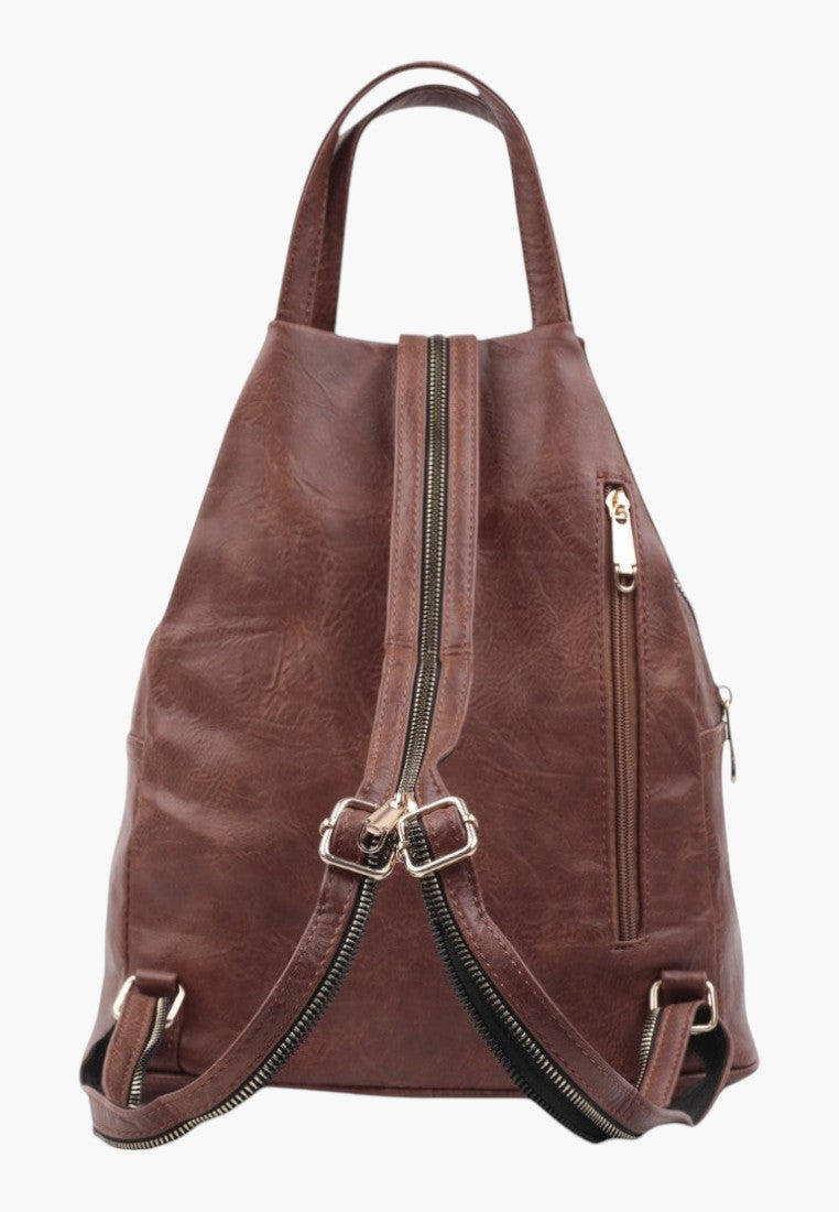 Falio small brown faux leather city backpack with multiple zippered pockets and adjustable straps
