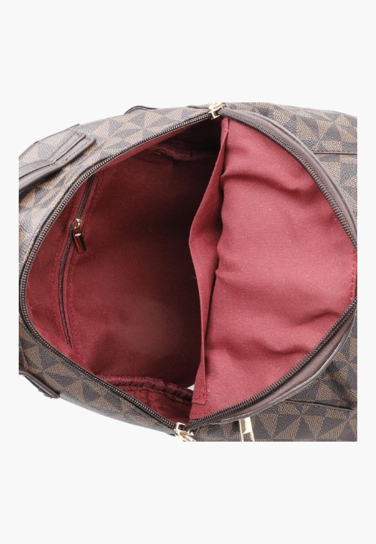 Falio brown faux leather city backpack with a geometric pattern, showing the open interior with burgundy lining.
