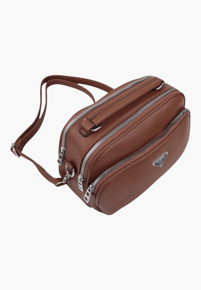 Falio brown faux leather crossbody bag with multiple zippered compartments and silver hardware