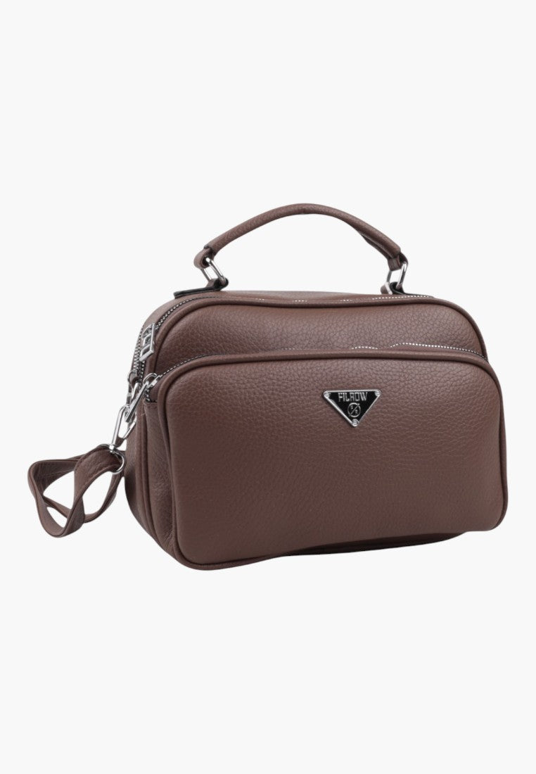 Falio brown faux leather crossbody bag with top handle, silver hardware, and multiple zippered compartments.