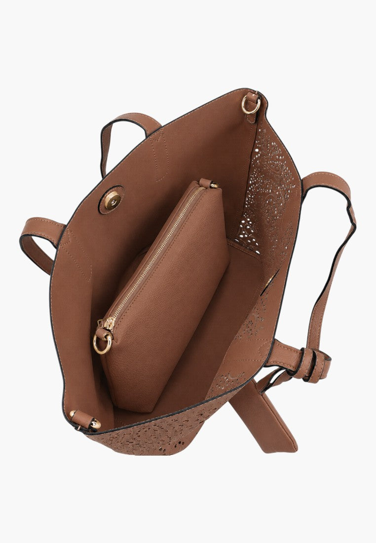 Falio brown faux leather shopper bag with laser-cut floral details and an internal zippered pouch