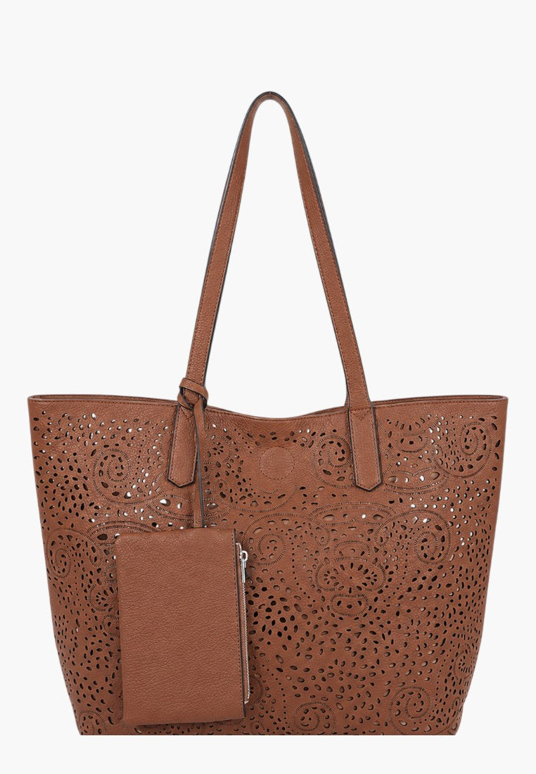 Falio brown faux leather shopper bag with intricate laser-cut floral patterns and a matching detachable pouch