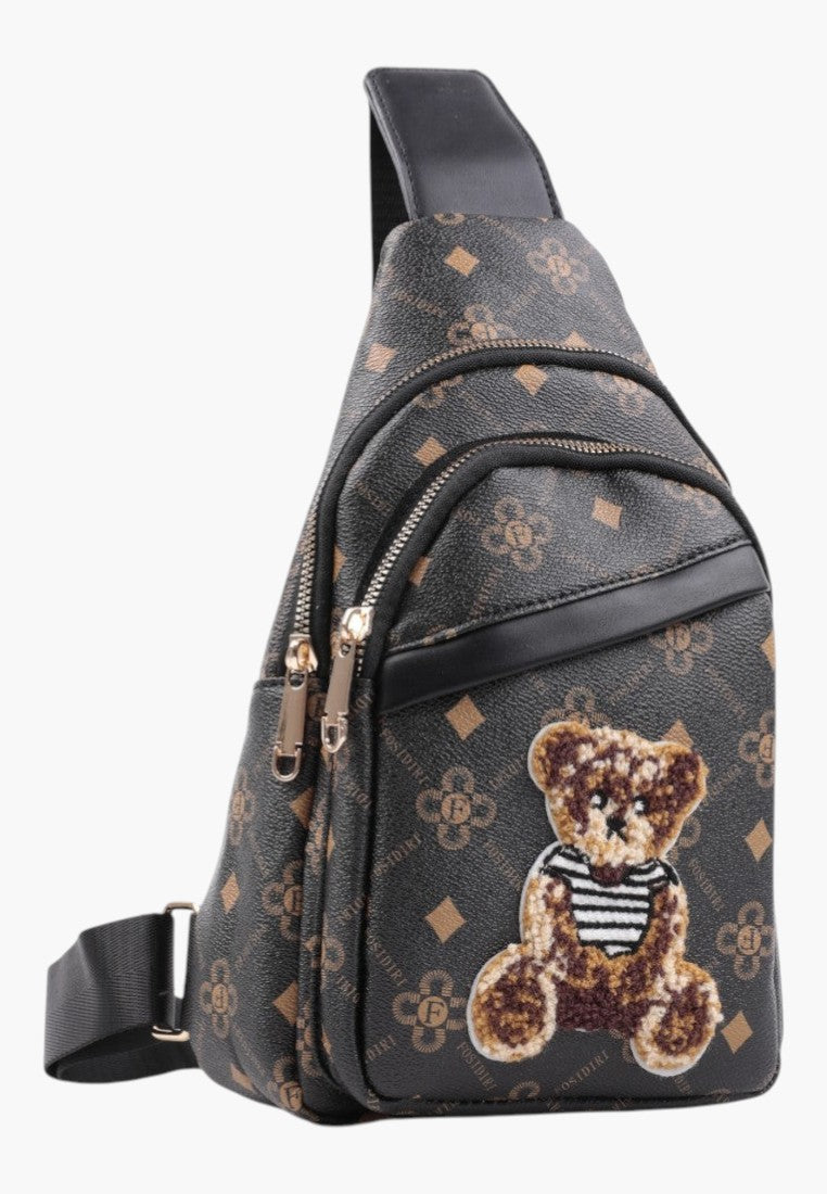 Falio women's brown faux leather sling backpack with a cute teddy bear patch and monogram pattern