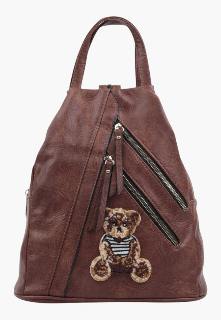 Falio brown faux leather urban backpack with a cute teddy bear patch and multiple zippered pockets