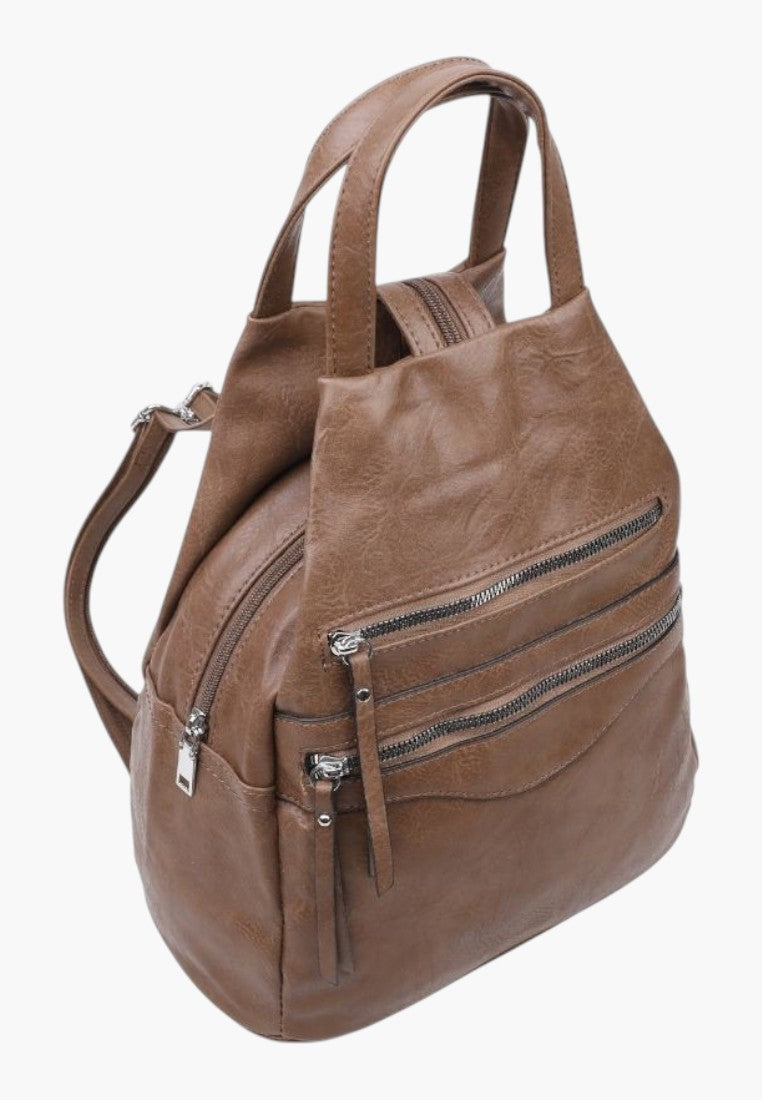 Falio brown faux leather urban backpack with multiple zippered pockets and top handle for women