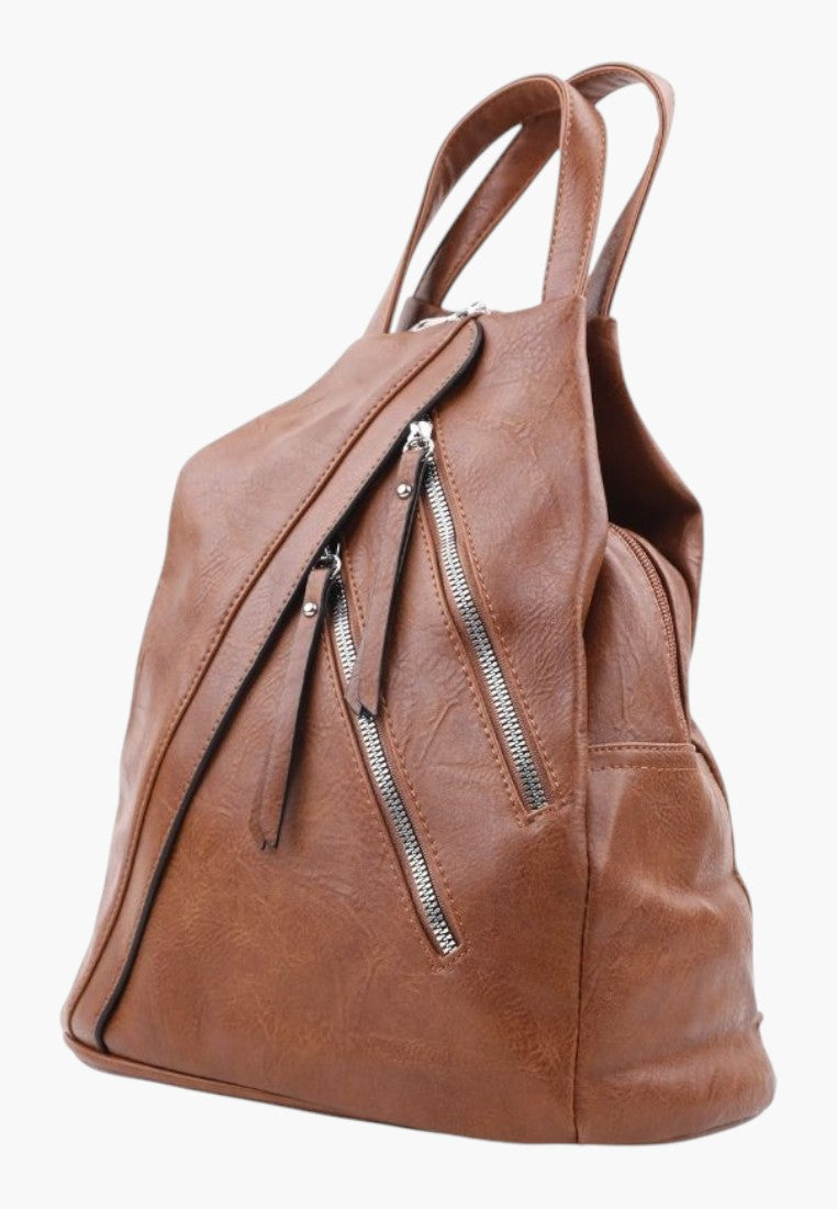 Falio brown faux leather urban backpack with multiple zippered compartments and top handles, side view