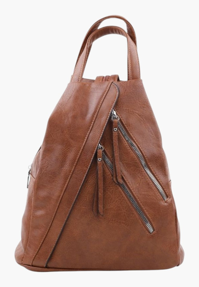 Falio brown faux leather urban backpack with multiple zippered compartments and a spacious A4 design