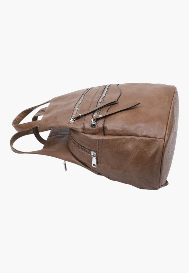 Falio brown faux leather urban backpack with multiple zippered pockets and a spacious 16L capacity