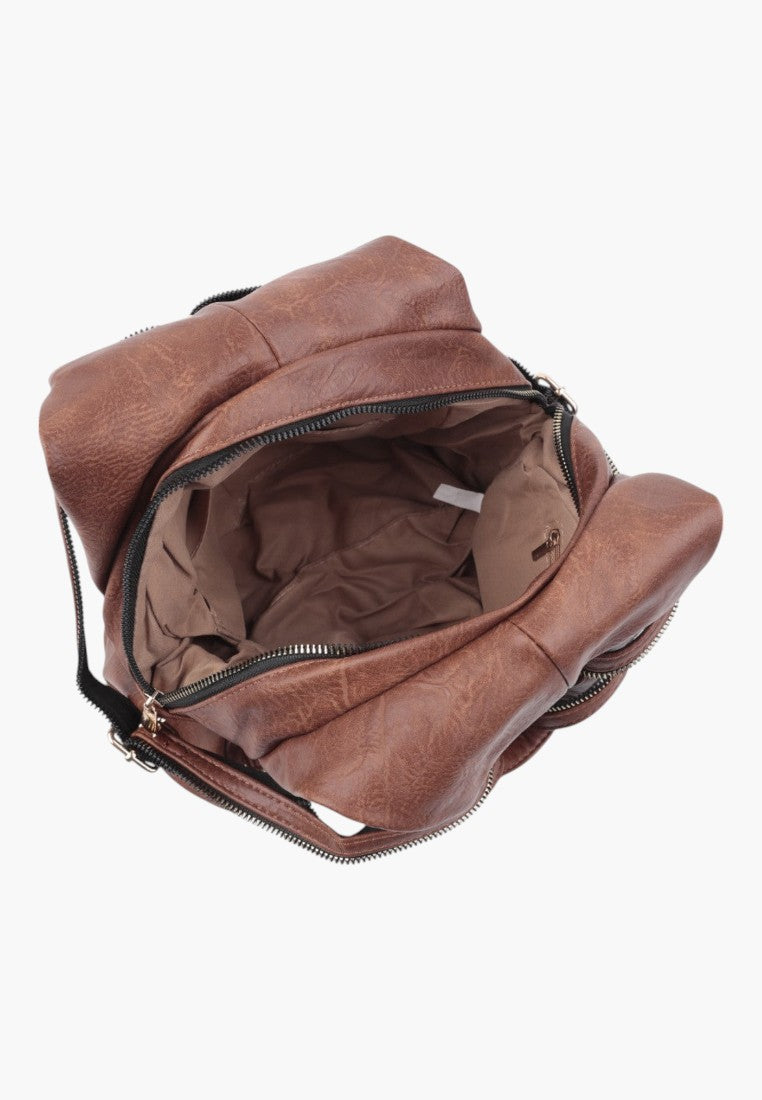 Falio small brown faux leather urban backpack with multiple zippered compartments and a spacious interior