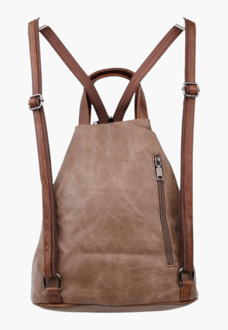 Falio brown faux leather urban backpack with adjustable straps, zipper closure, and multiple pockets for daily use.