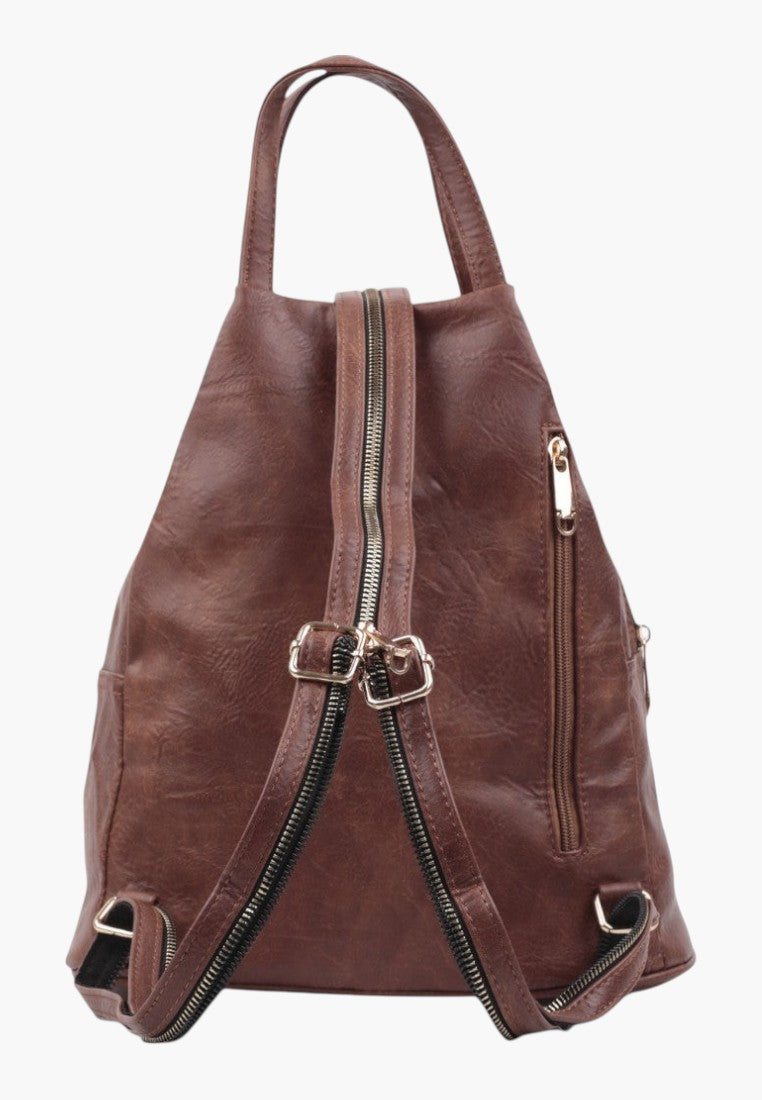 Falio brown faux leather urban backpack with multiple zippered pockets and adjustable straps for daily use