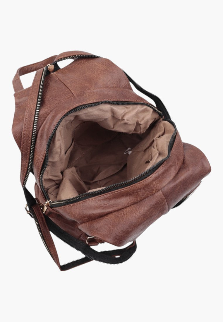 Falio brown faux leather urban backpack with an open main compartment and black zipper details
