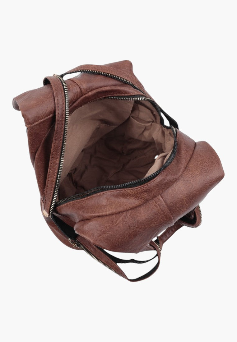 Falio brown faux leather urban backpack with open main compartment and multiple zippered pockets