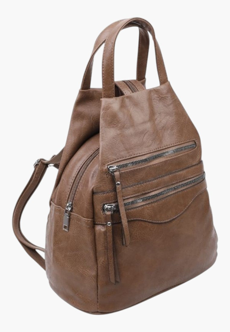 Falio brown faux leather urban backpack with multiple zippered pockets and top handle for women