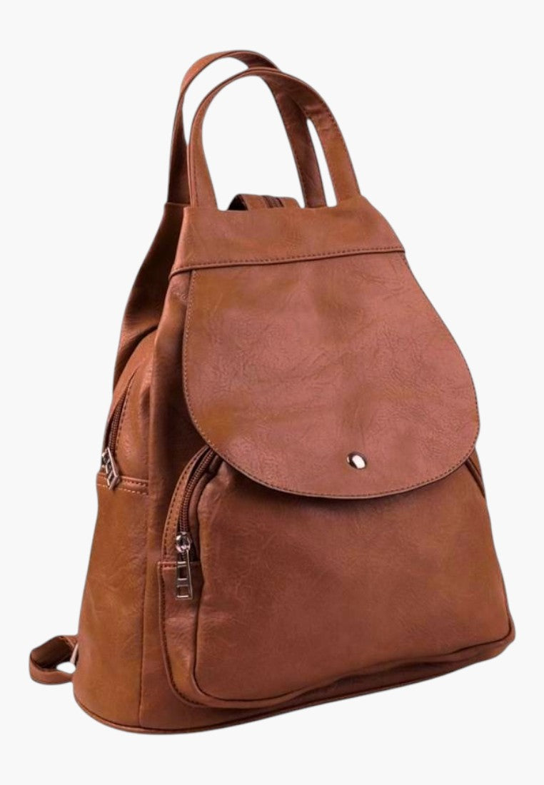 Falio brown faux leather urban backpack with a flap closure, multiple pockets, and A4 capacity for daily use.