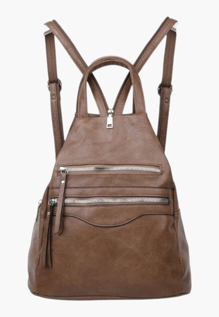 Falio brown faux leather urban backpack with multiple zippered pockets and adjustable straps for daily use