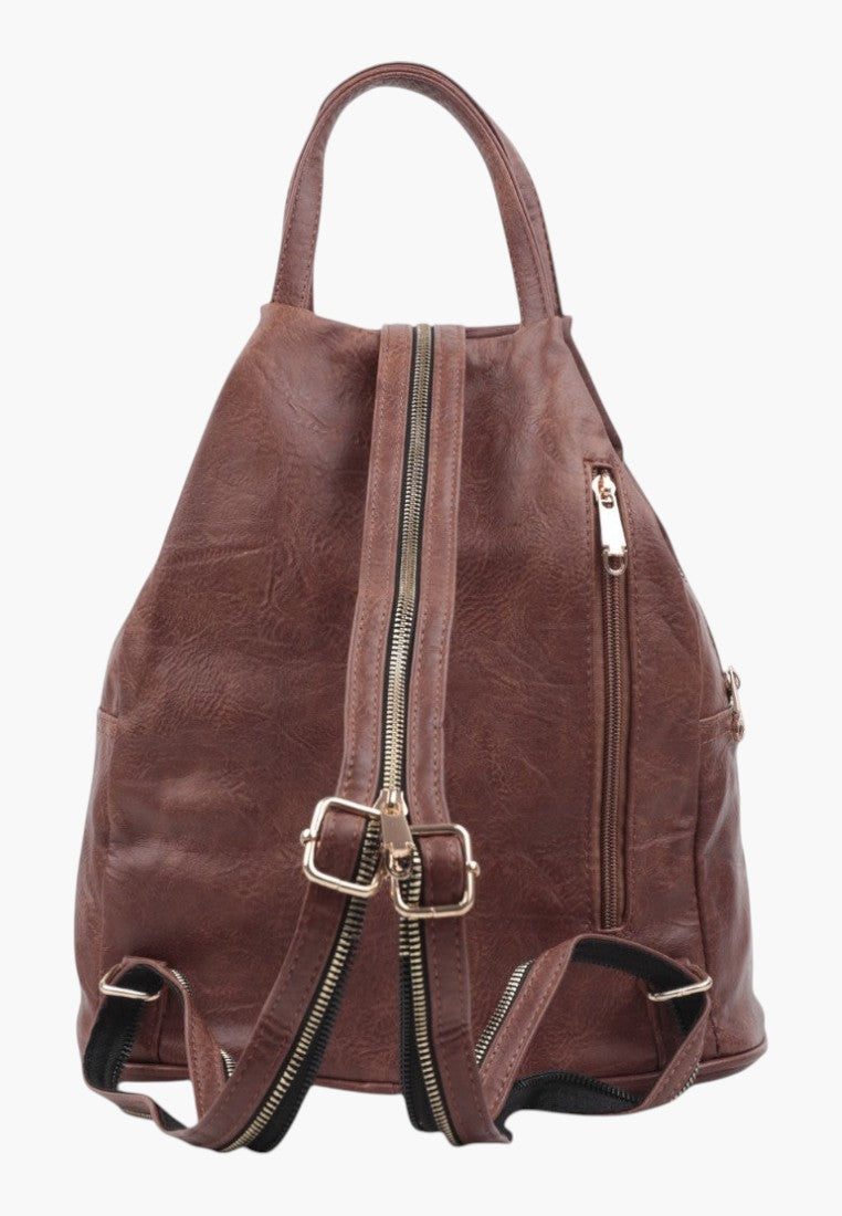 Falio brown faux leather urban backpack with multiple zippered pockets and adjustable straps for daily use