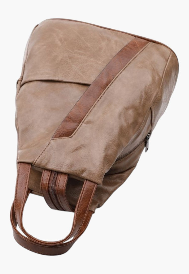 Falio brown faux leather urban backpack with zippered closure and multi-tonal panel design for daily use