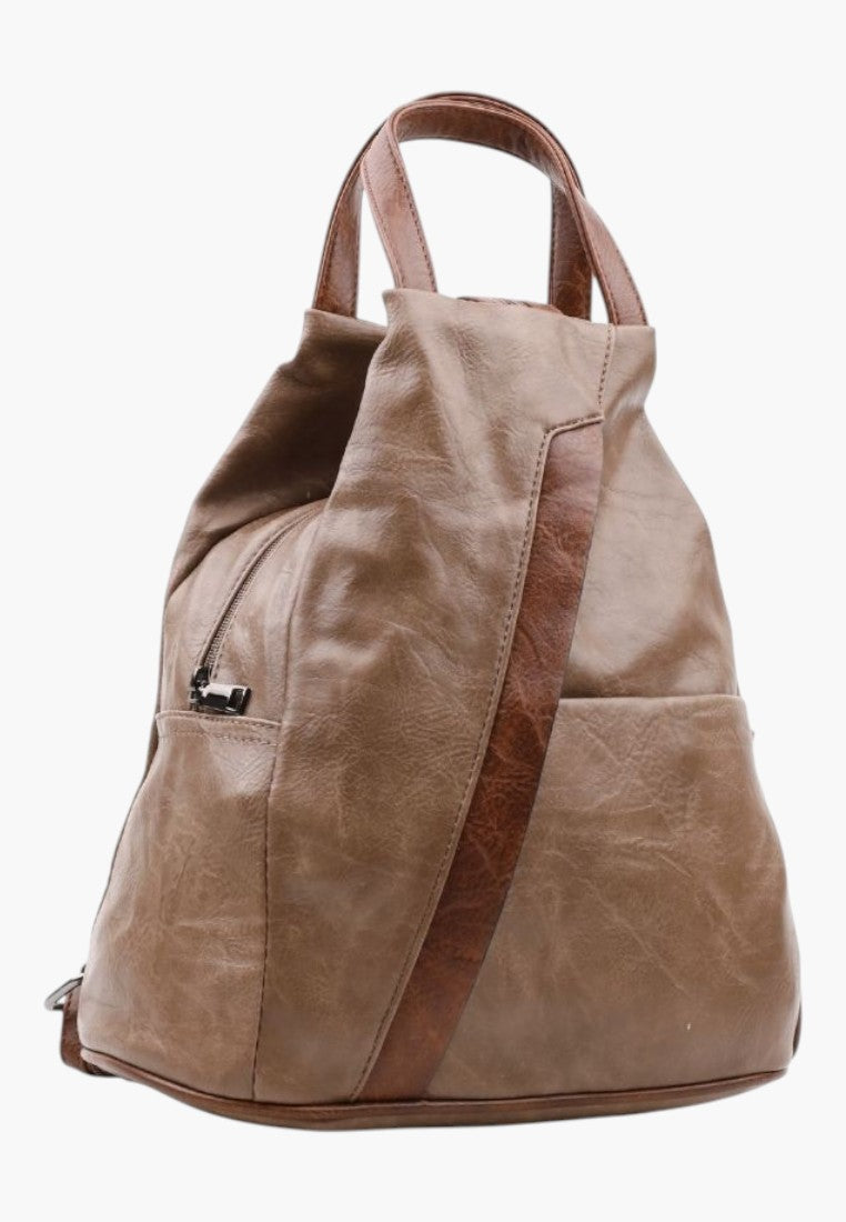 Falio brown faux leather urban backpack with a structured design, top handles, and multiple storage compartments.