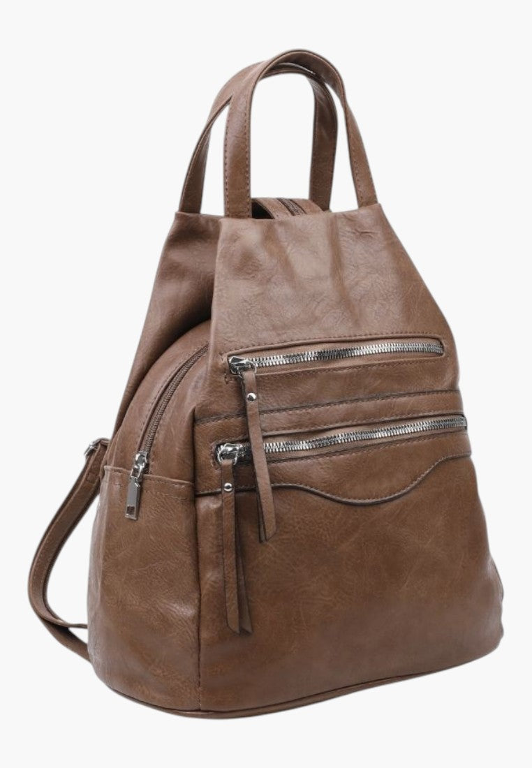 Falio brown faux leather urban backpack with multiple zippered pockets and 16L capacity for daily use.