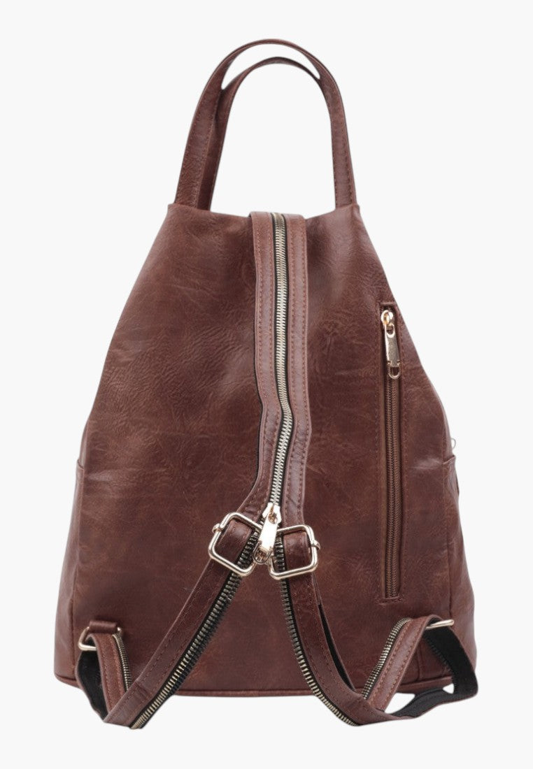 Falio brown faux leather urban backpack with a unique vertical zipper design and multiple functional pockets