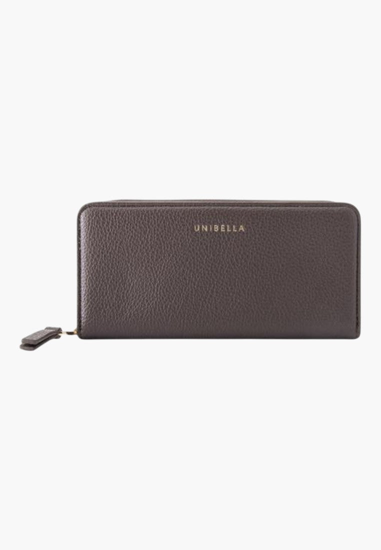 Falio women's horizontal wallet in dark brown faux leather with a zip closure and gold branding