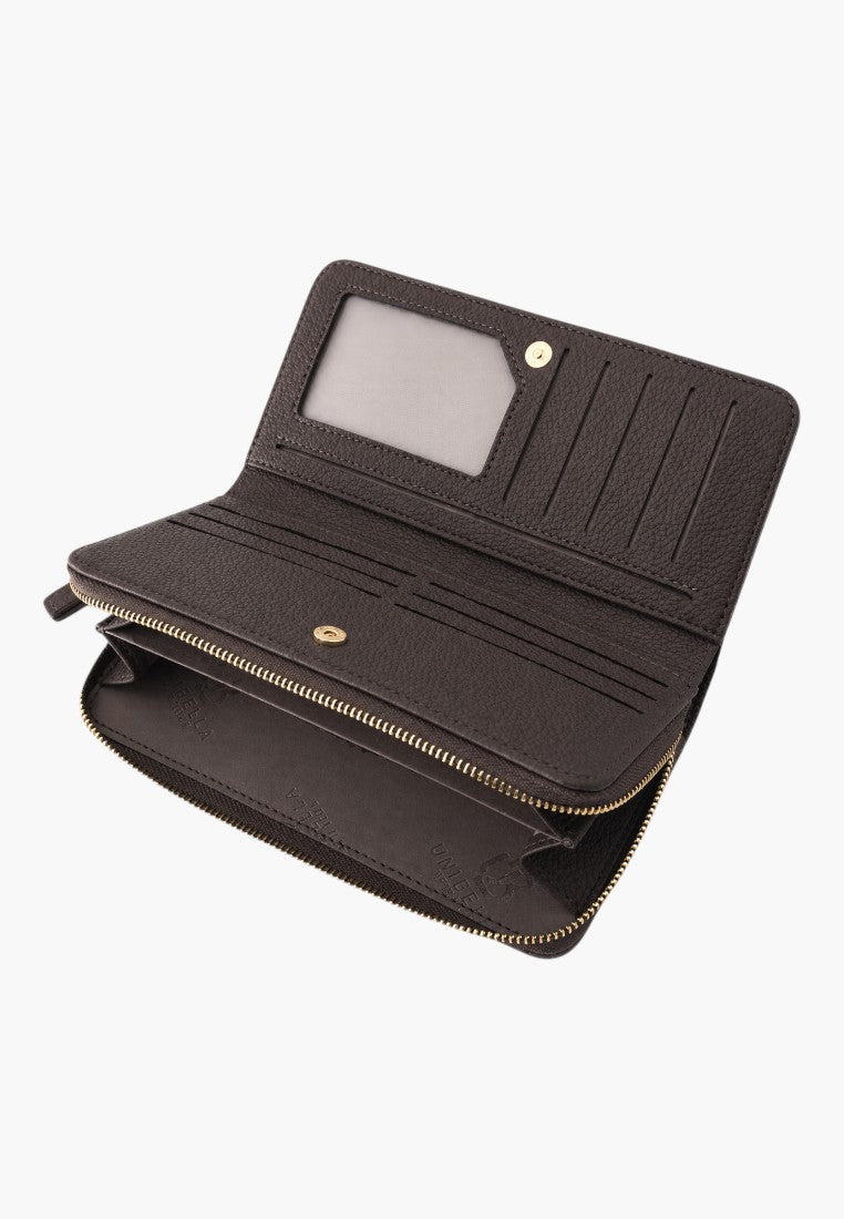 Falio brown faux leather women's wallet in horizontal format with multiple card slots and a zippered compartment