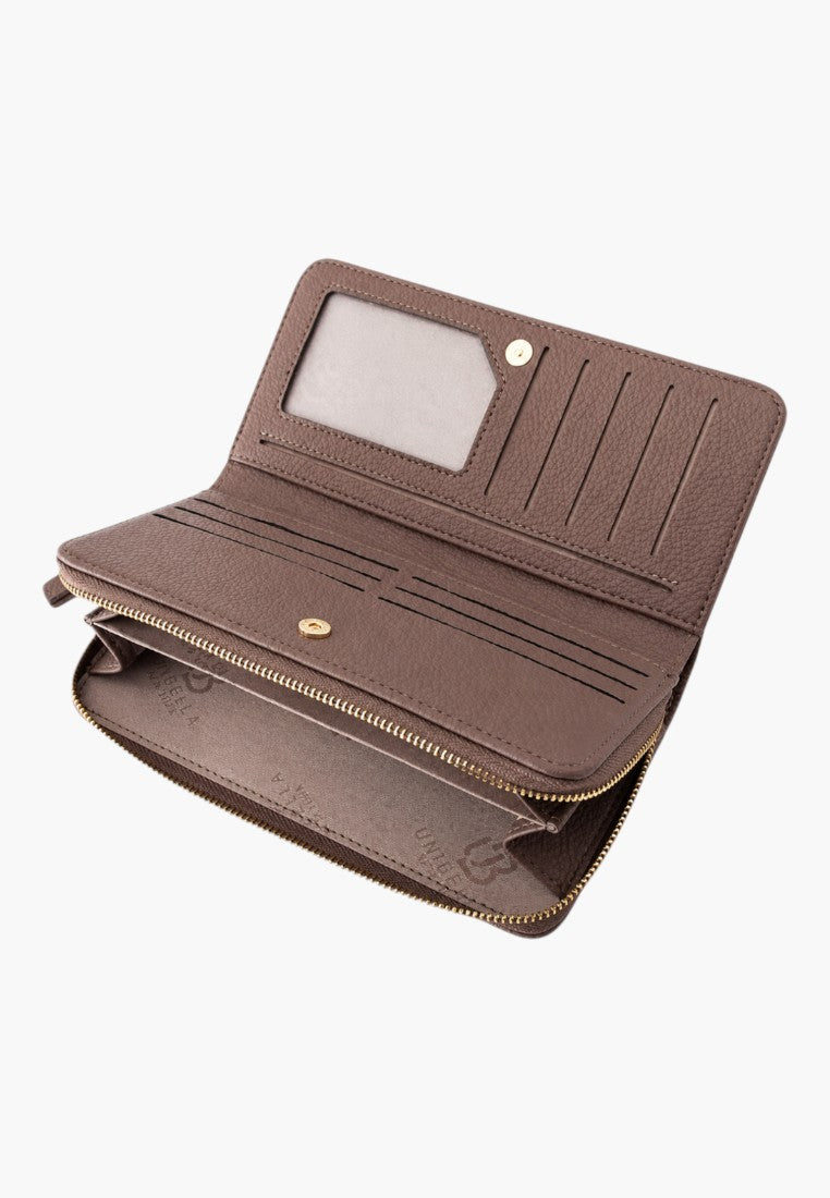 Falio women's horizontal faux leather wallet in brown with multiple card slots, two compartments, and zip closure.