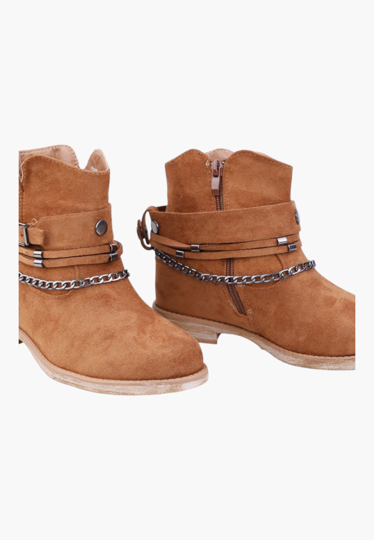 Falio brown faux suede ankle boots with hidden wedge, removable chain straps, and side zipper closure.