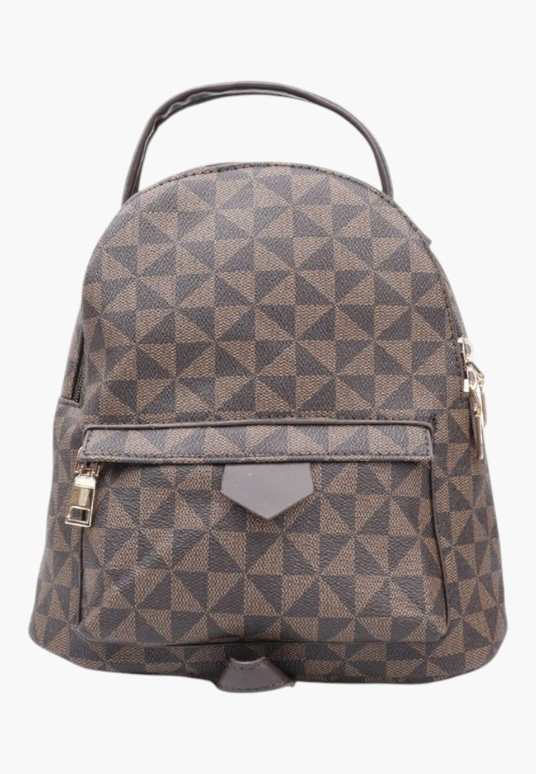 Falio brown faux leather city backpack with a geometric triangle pattern, front pocket, and gold-tone zippers.