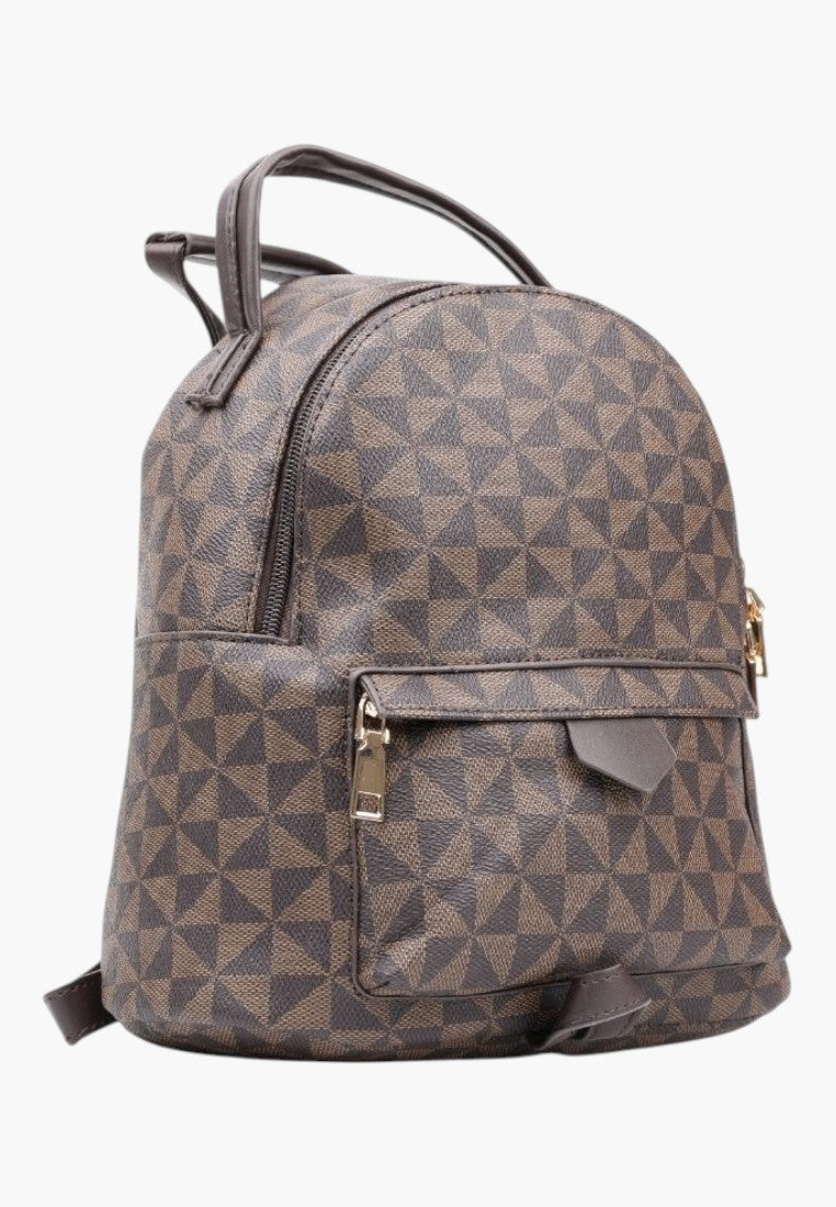 Falio brown faux leather urban backpack with a geometric triangle pattern, featuring two compartments and zip pockets.