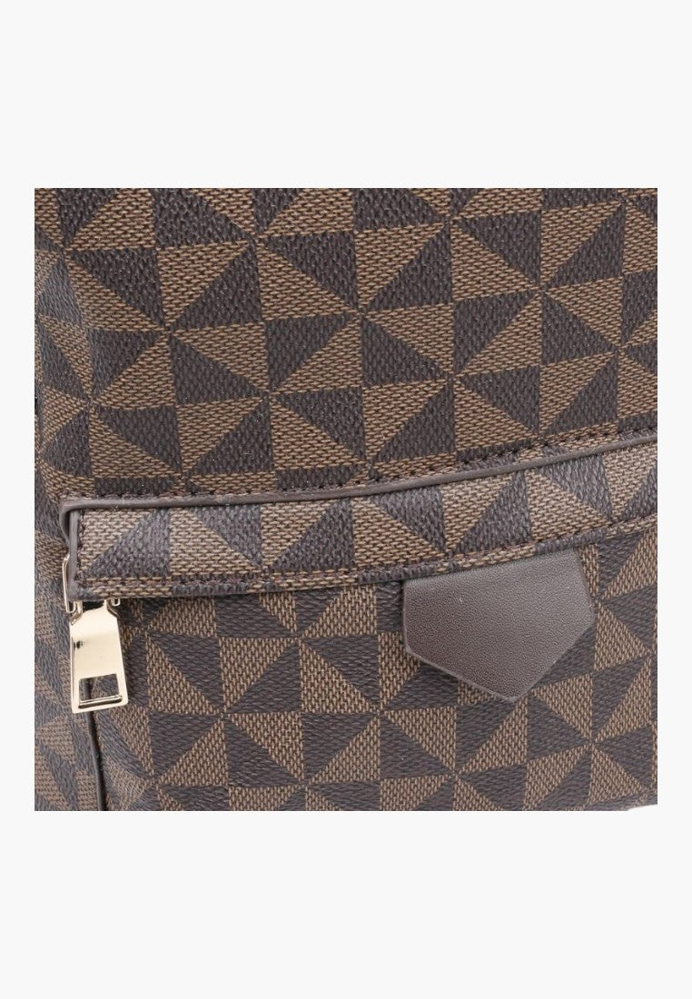 Falio brown faux leather urban backpack with a geometric triangle pattern and gold-tone zipper detail.