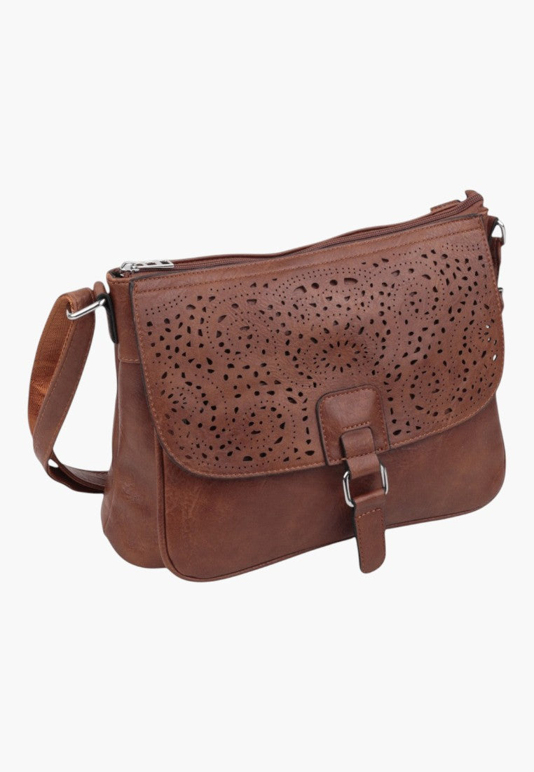 Falio brown crossbody bag with a decorative laser-cut floral flap and adjustable shoulder strap