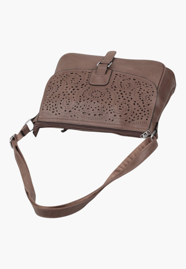 Falio brown crossbody bag with intricate laser-cut floral patterns and an adjustable shoulder strap
