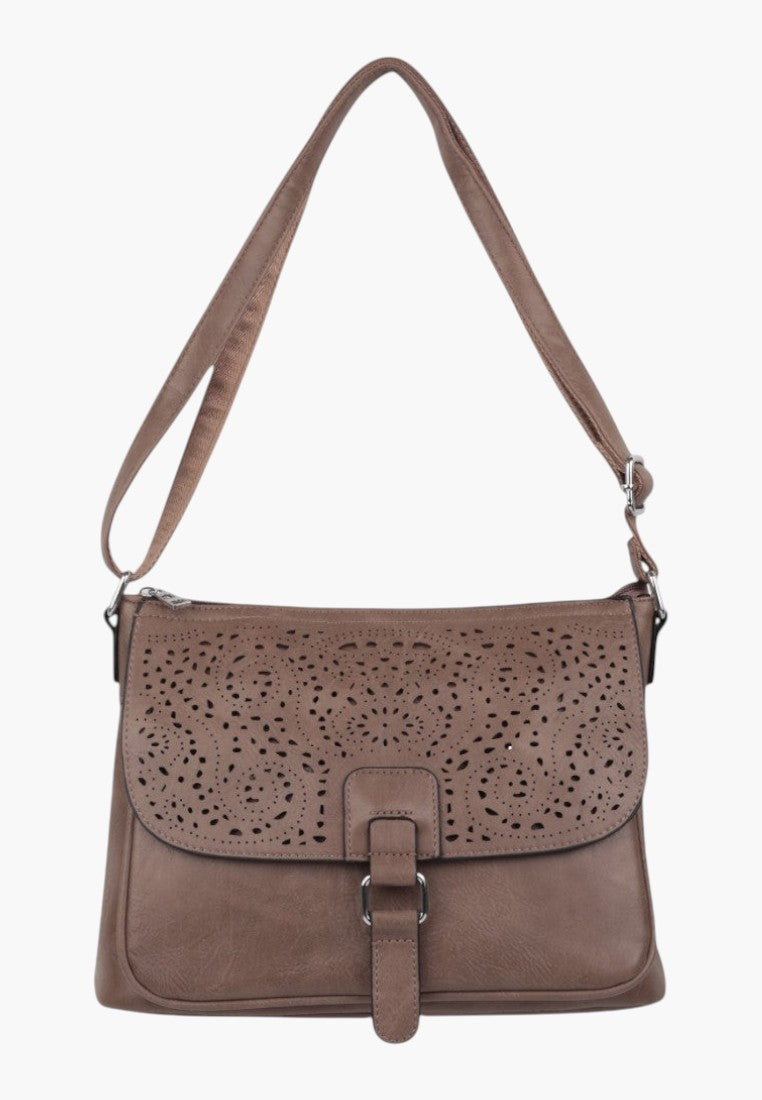 Falio brown crossbody bag with a decorative laser-cut floral flap and adjustable shoulder strap