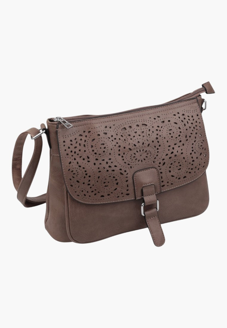 Falio brown crossbody bag with a decorative laser-cut floral flap and adjustable shoulder strap