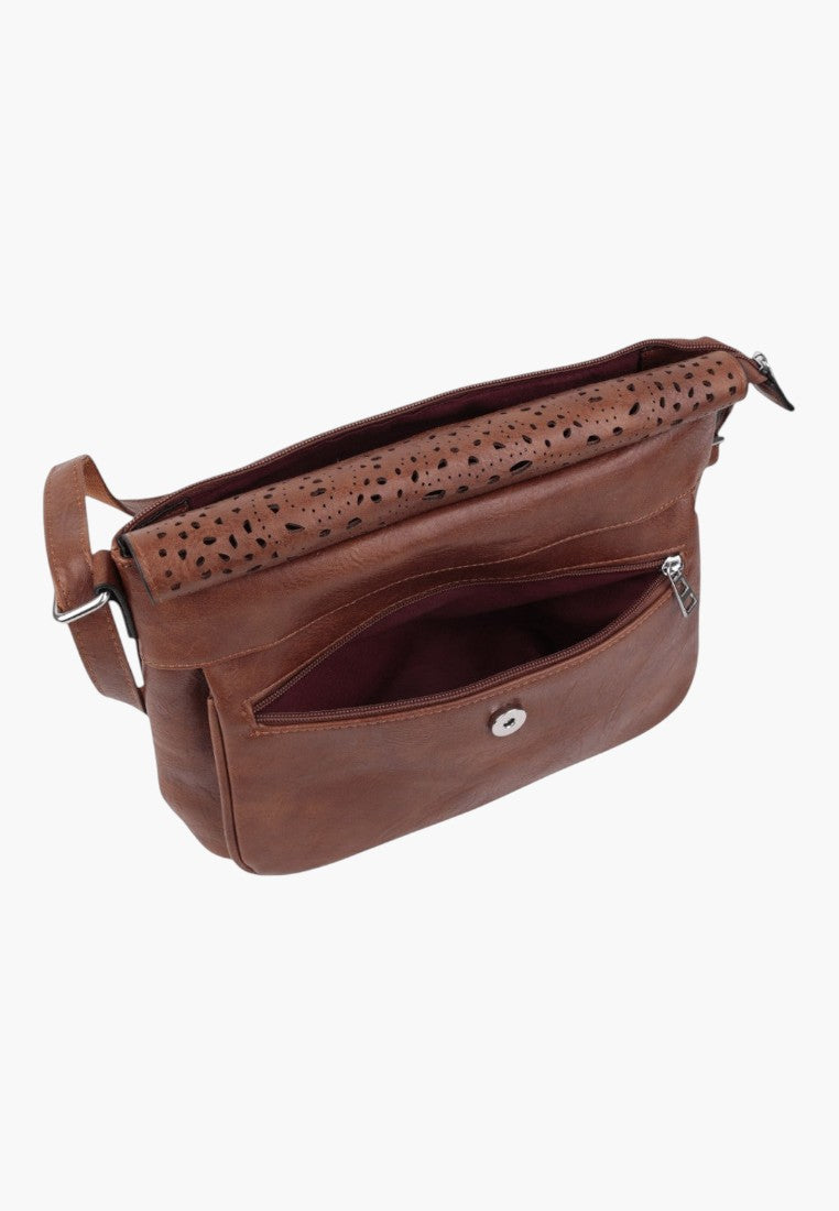 Falio brown leather crossbody bag with laser-cut decorative flap and front zipper pocket