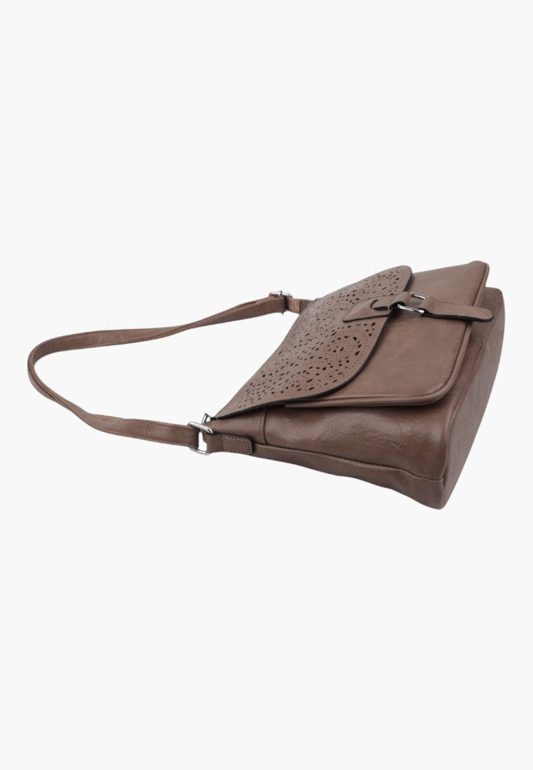 Falio brown leather crossbody bag with a decorative laser-cut flap and adjustable shoulder strap