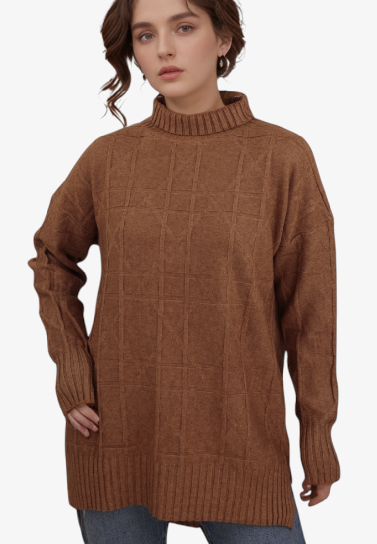 Falio brown mock neck sweater with a textured grid pattern, long sleeves, and ribbed trim on a model.