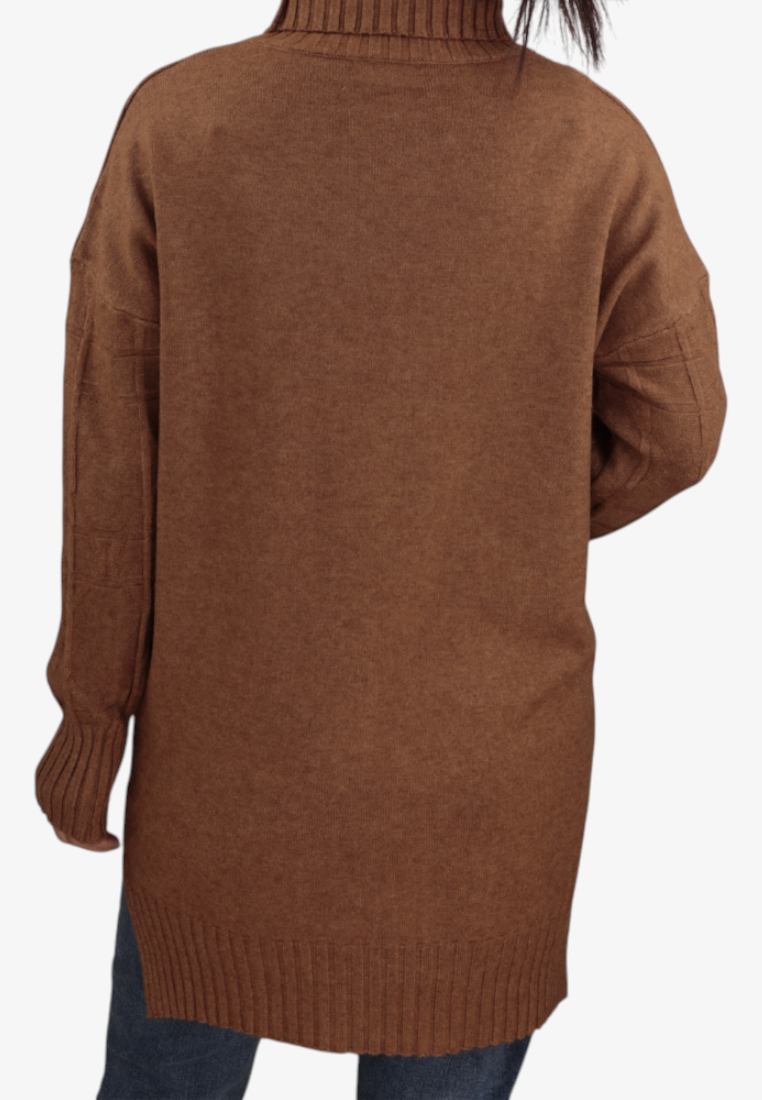Back view of a brown Falio plus size viscose blend sweater with a mock neck and ribbed hem, worn over dark jeans.