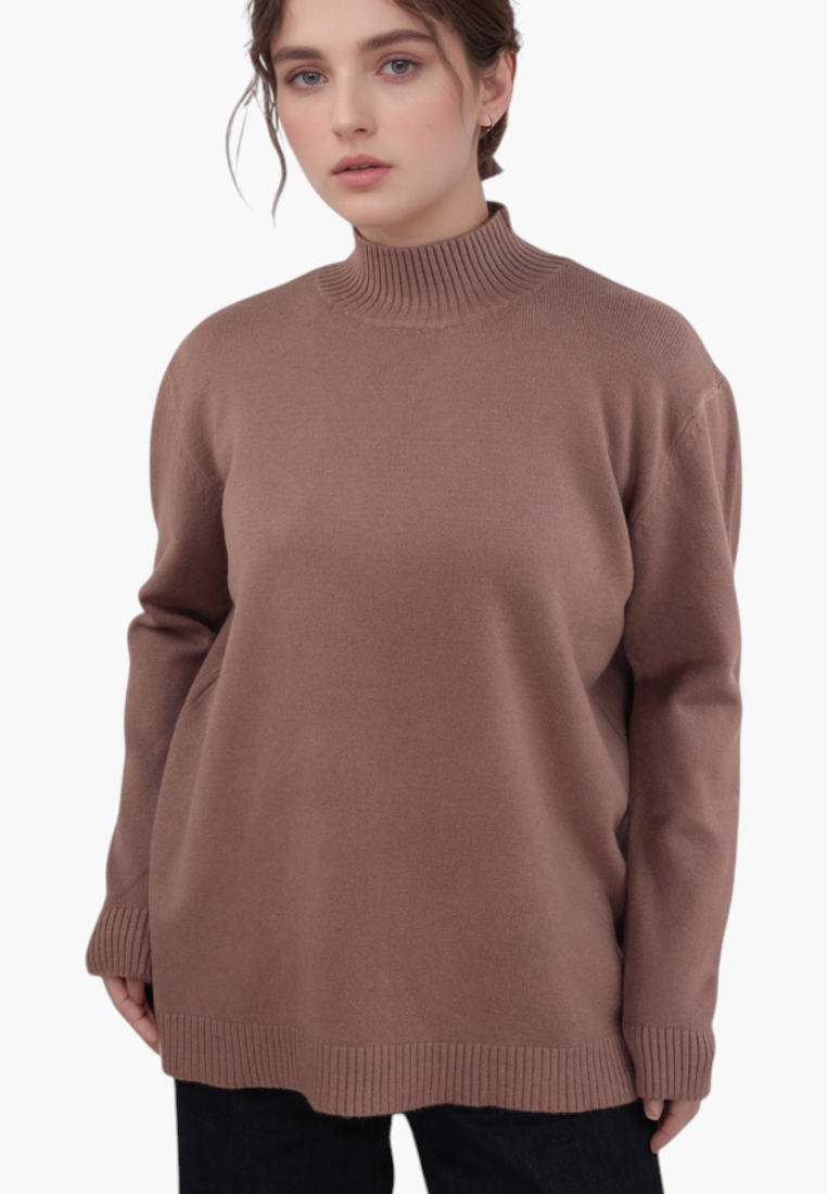 Falio brown long-sleeve sweater with a mock neck, crafted from a soft viscose blend in a comfortable plus-size fit.