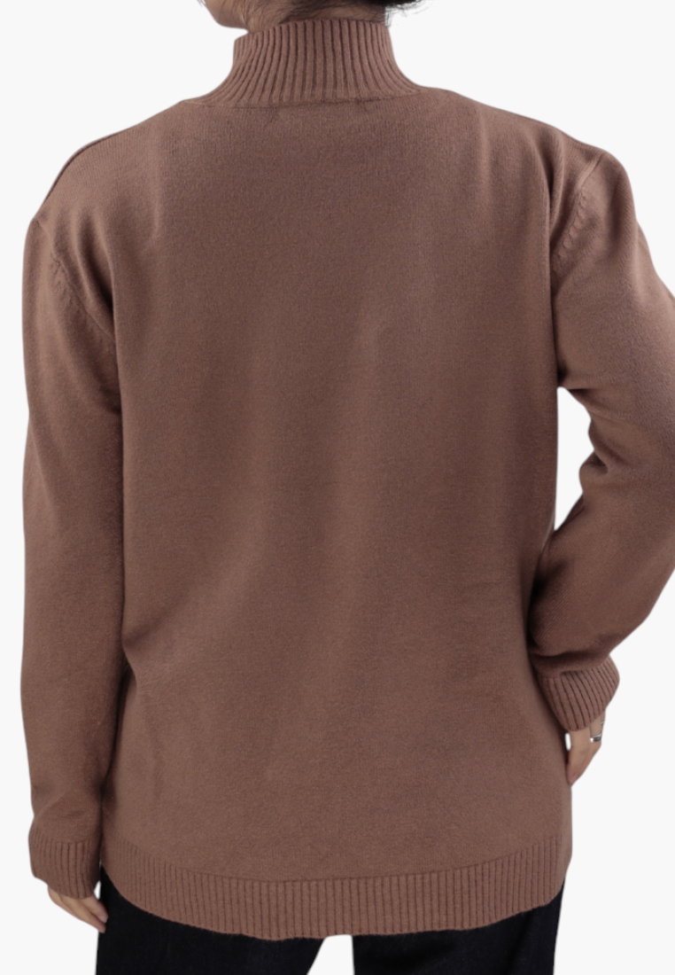 Falio brown plus size long sleeve sweater with a ribbed mock neck, viewed from the back.