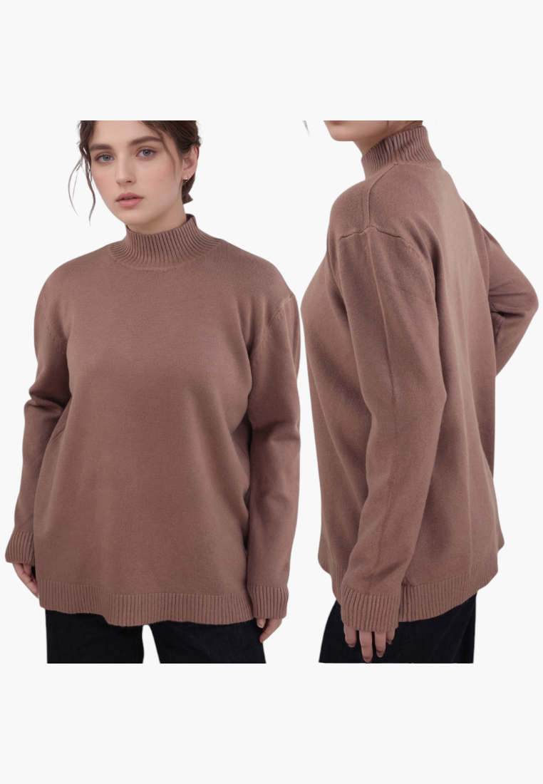 Falio brown long-sleeve mock neck sweater in a soft viscose blend, featuring a classic fit for plus size comfort.