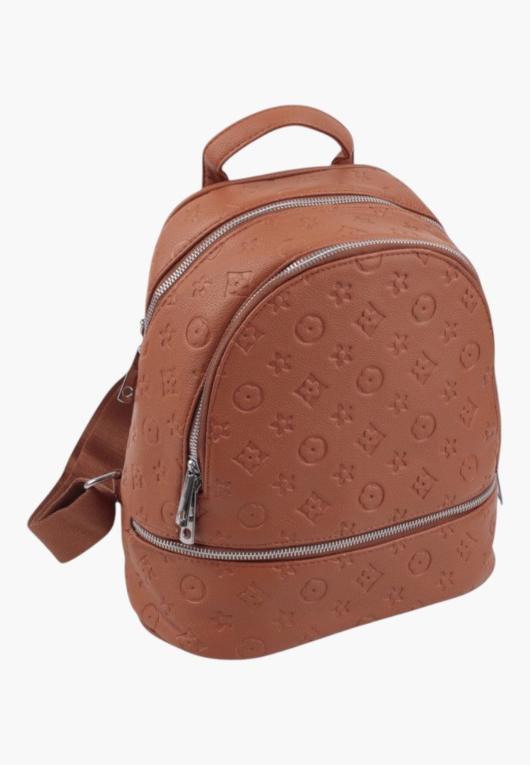 Falio brown urban women's backpack with embossed monogram pattern, silver zippers, and top handle.